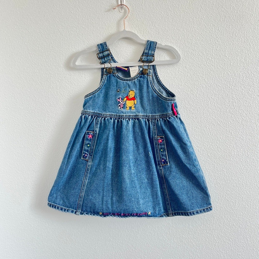 Vintage 90s Winnie The Pooh Blue Denim Jumper Dress 4T Pooh Piglet Embroidered